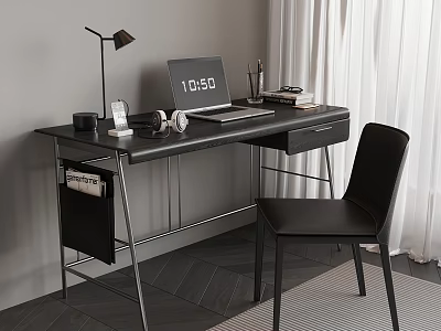 Modern Black Desk with Metal Frame Laptop Table Lamp Books and Chair 3d model