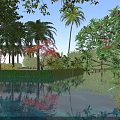 Beautiful Tropical Waterside Landscape With Reflecting Pool And Lush Palm Trees Under Bright Blue Sky