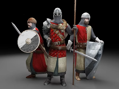 Medieval Warriors In Red And Beige Armor With Shield Sword And Spear 3d model