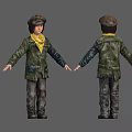 3D Character Model With Green Coat Yellow Scarf And Striped Pants Front Back Views