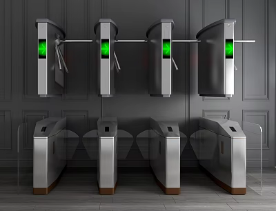Modern Security Turnstiles Public Facility With Metal Structure And Green Indicators 3d model