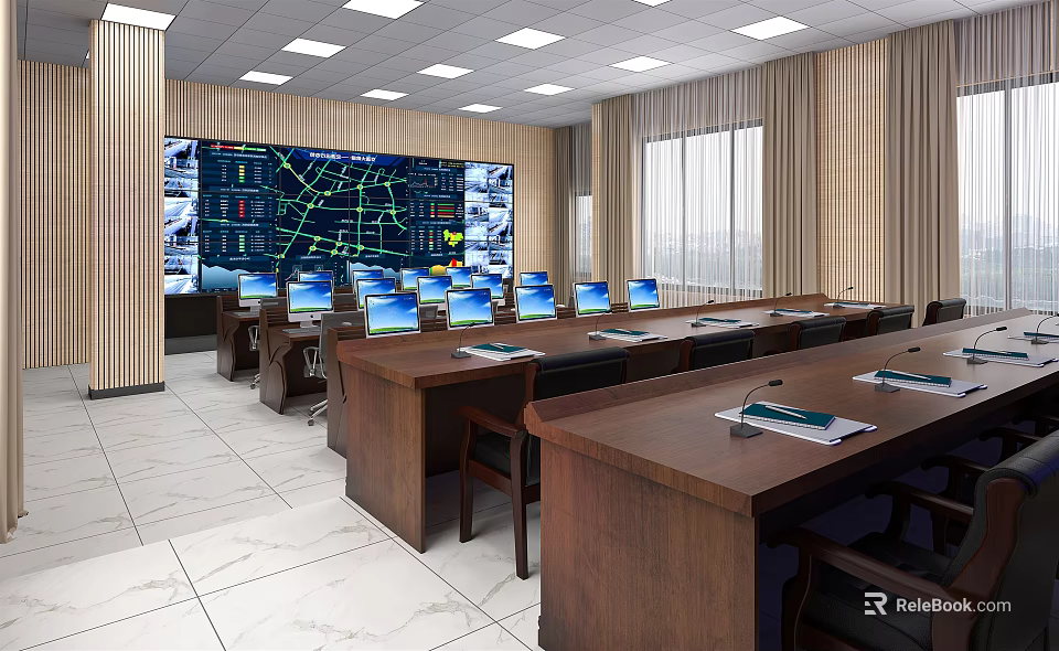 Control Room Interior Setup With Large Monitoring Screen Multiple Computer Monitors And Desks 3d model 
