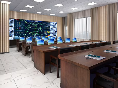 Control Room Interior Setup With Large Monitoring Screen Multiple Computer Monitors And Desks 3d model