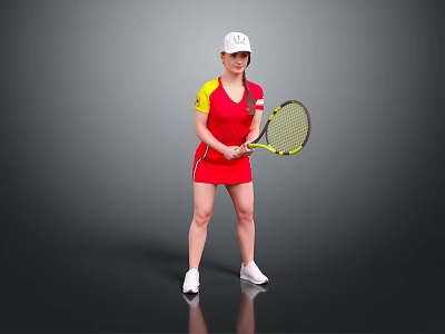 Red Tennis Sportswear with Yellow and Red Sleeves and White Cap for Female Sporty Look 3d model