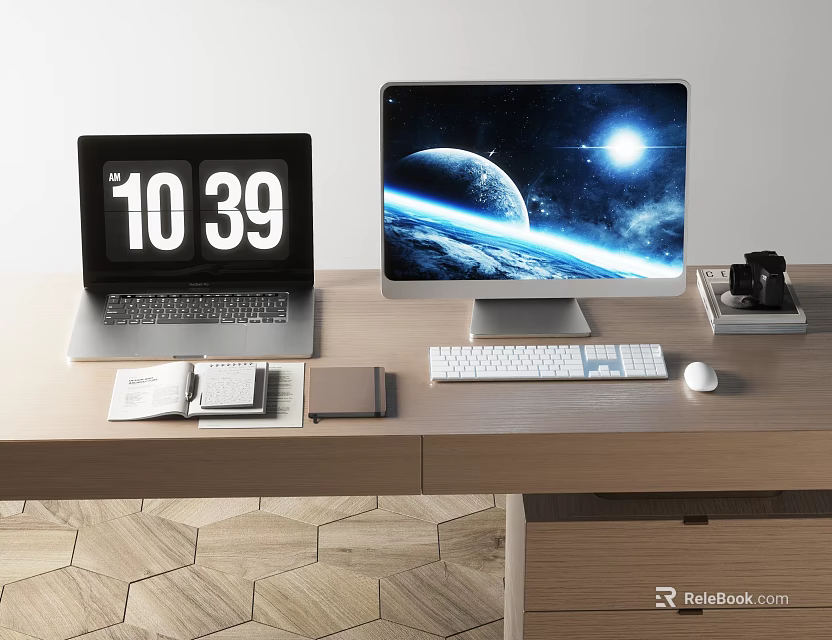 Laptop On Wooden Desk With Clock And Monitor 3d model 