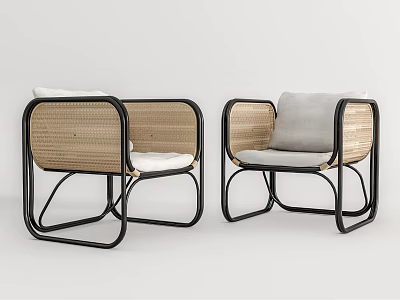 Modern Accent Chair With Rattan Weave Black Metal Frame And Light Gray Cushion 3d model