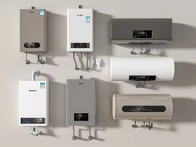 Various Styles of Wall Mounted Water Heaters with Silver White Gray Finishes and Digital Displays 3d model