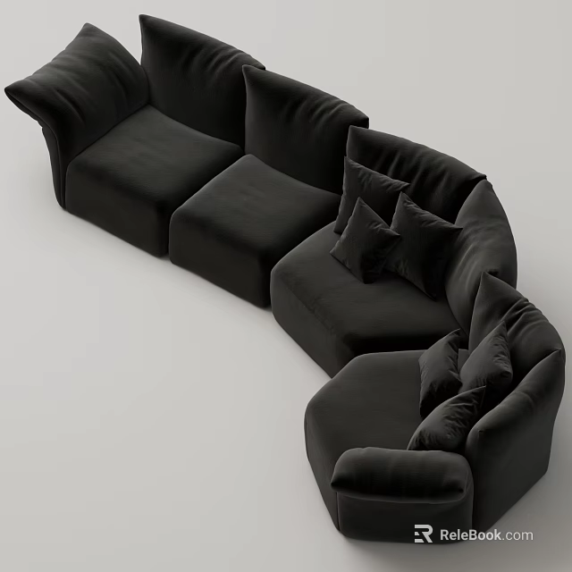 Modern Black Curved Sofa With Multiple Soft Cushions For Living Room Setup 3d model