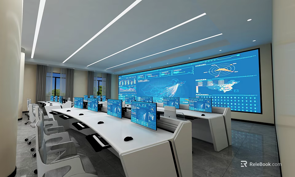 Modern Monitoring Control Room With Workstations Monitors And Large Data Screen 3d model 