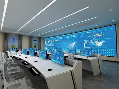 Modern Monitoring Control Room With Workstations Monitors And Large Data Screen 3d model