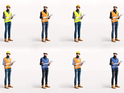 Multiple Construction Workers Wearing Safety Vests And Hard Hats Holding Tablets 3d model