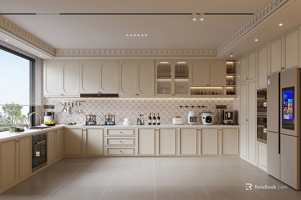 Modern Kitchen Interior Design With White Cabinets Tile Backsplash And Appliances 3d model 
