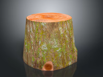 Natural Tree Stump with Cross Section Growth Rings and Green Moss on Dark Background 3d model