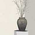 Bonsai Plant With Budded Branches In Gray Green Pot Against Wall Near Curtain