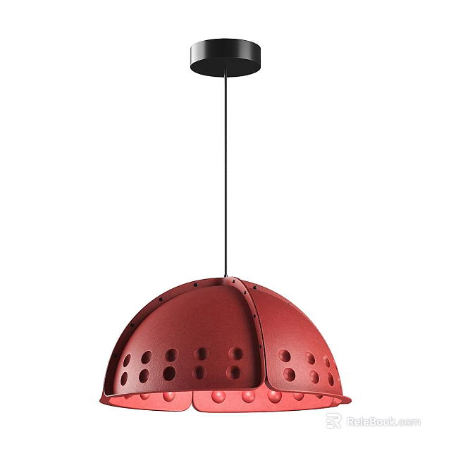 Red Hemispherical Pendant Light with Circular Holes and Black Suspension Rod Modern Decorative Design 3d model 