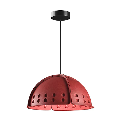 Red Hemispherical Pendant Light with Circular Holes and Black Suspension Rod Modern Decorative Design 3d model