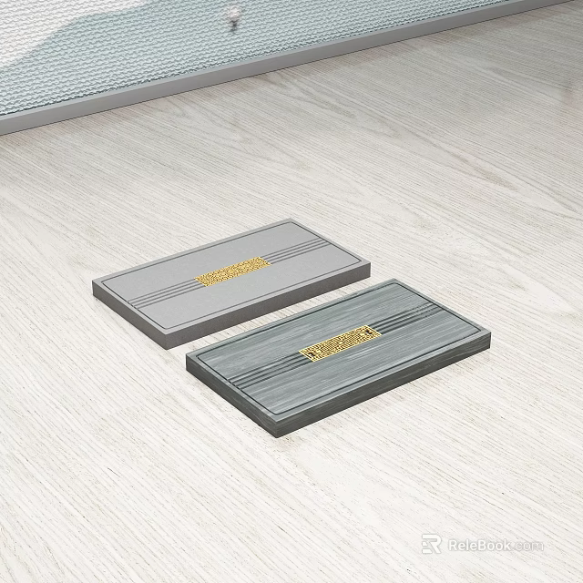 Tea Room With Gray Rectangular Objects And Gold Accents On Light Wooden Floor 3d model