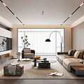 Modern Living Room Interior Design With Beige Sofa Round Coffee Table TV Wall And Fireplace