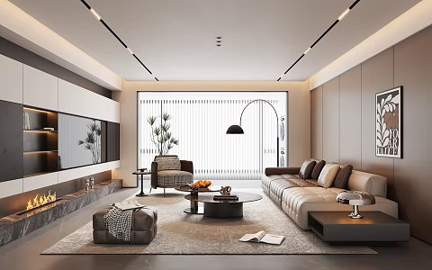 Modern Italian Living Room Home Living Room Italian Light Luxury Living Room Sofa Combination Leather Sofa TV Background Wall Coffee Table Leisure Chair Floor Lamp Dream Curtain 3d model