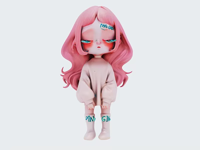 Cute Pink Haired Doll With 100% Face Mark Light Pink Loose Sweater And GIRL Pants 3d model
