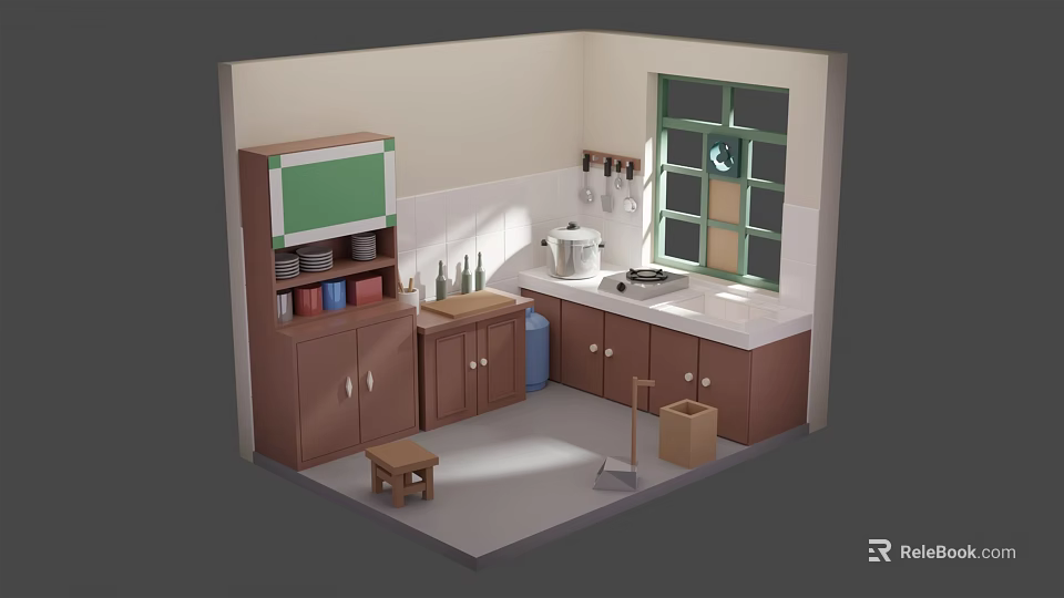 Cartoon Kitchen Scene With Brown Cabinets White Countertop Window And Stool 3d model 