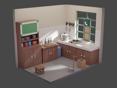 Cartoon Kitchen Scene With Brown Cabinets White Countertop Window And Stool 3d model