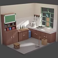 Cartoon Kitchen Scene With Brown Cabinets White Countertop Window And Stool