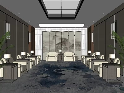 Chinese Style Hotel Public Lounge Area With Mountain Painting Sofas Tables And Plants 3d model