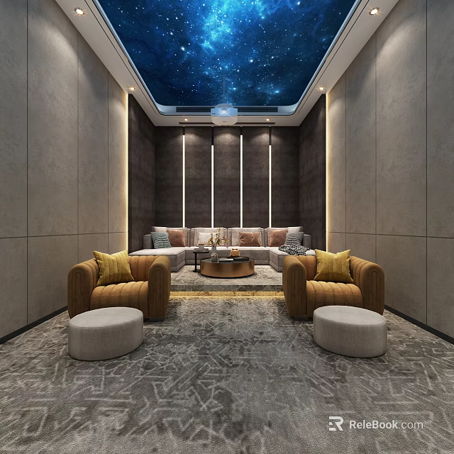 Modern Home Theater Interior With Starry Sky Ceiling Brown Sofas And Gray Walls 3d model
