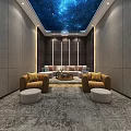 Modern Home Theater Interior With Starry Sky Ceiling Brown Sofas And Gray Walls 3d model