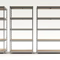 Three Open Metal Frame Shelves With Wooden Boards And Multiple Layers
