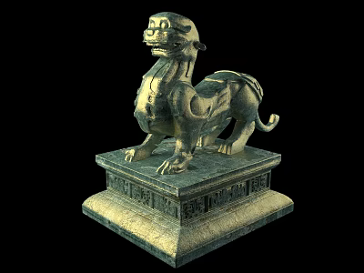 Ancient Bronze Mythical Beast Sculpture With Square Carved Base And Decorative Details 3d model