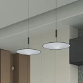 Circular Pendant Lights Hanging In Modern Interior With Wooden Cabinets And Open Shelves