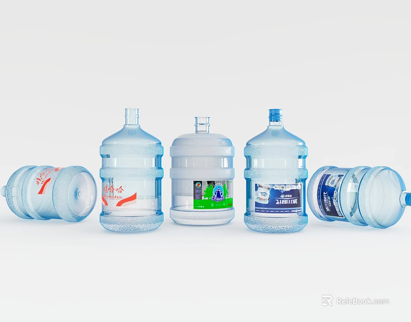 Large Capacity Water Bottles Transparent Plastic Containers With Blue Caps And Labels 3d model 