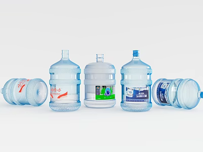 Large Capacity Water Bottles Transparent Plastic Containers With Blue Caps And Labels 3d model