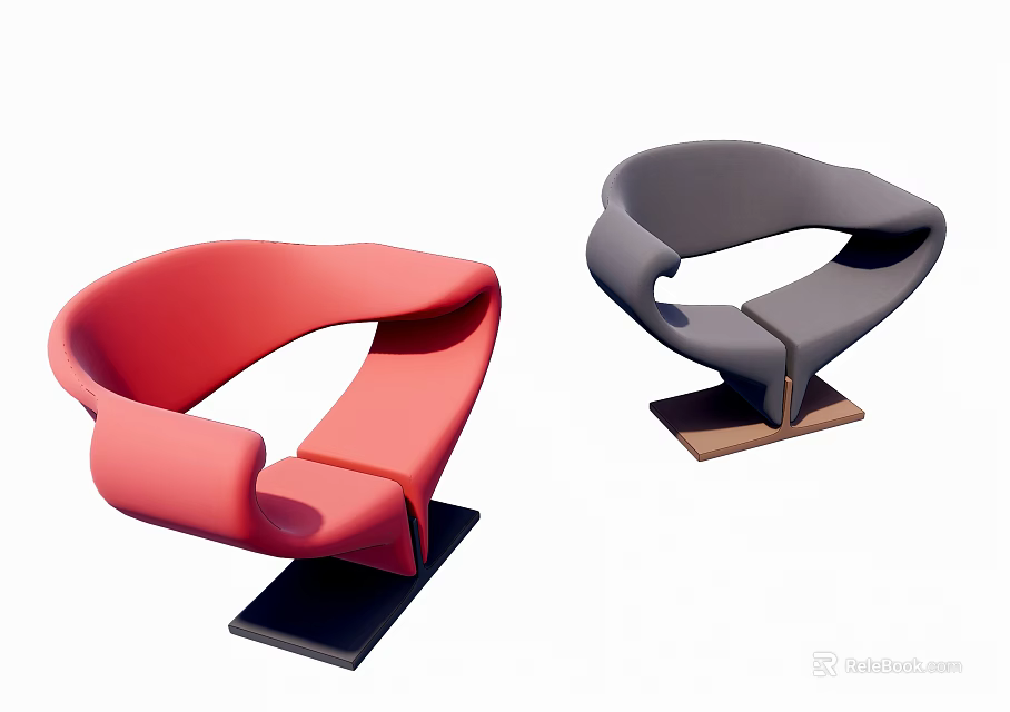 Modern Red and Gray Single Chairs with Stylish Curved Unique Design for Home 3d model 