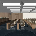 Modern Conference Room Interior With Arranged Chairs Wooden Desks Ceiling Lighting And Blue Patterned Carpet