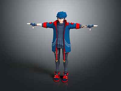 Man With Blue Hair Wearing Blue Coat Red Accents Arms Outstretched Red Shoes 3d model