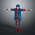Man With Blue Hair Wearing Blue Coat Red Accents Arms Outstretched Red Shoes
