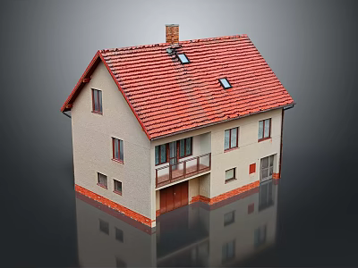 Colorful Cartoon Scene with a House Red Roof Beige Walls Chimney Balcony Windows and Reflection 3d model