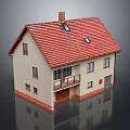 Colorful Cartoon Scene with a House Red Roof Beige Walls Chimney Balcony Windows and Reflection