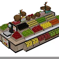 Fruit Display Shelves With Various Fresh Fruits And Baskets For Supermarket Use