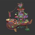 Pink Wooden Ship With Multi Level Structure Small House Flag And String Lights 3d model