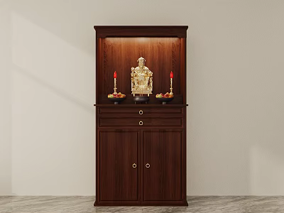 Wooden Buddhist Shrine Cabinet With Golden Buddha Statue Red Candles And Storage 3d model