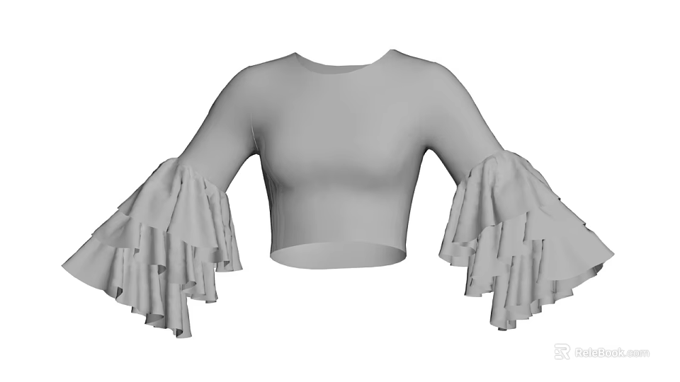 Grey Crop Top with Ruffled Bell Sleeves Fashionable Short Length Casual Wear Design 3d model 
