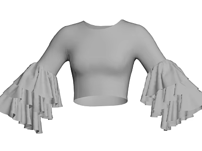 Grey Crop Top with Ruffled Bell Sleeves Fashionable Short Length Casual Wear Design 3d model