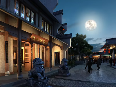 Ancient Architecture Night View With Full Moon Stone Lions And People Walking On Street 3d model