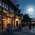 Ancient Architecture Night View With Full Moon Stone Lions And People Walking On Street