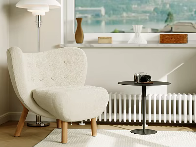 Cozy Beige Armchair With Small Round Side Table Camera Floor Lamp And Window Lake View 3d model