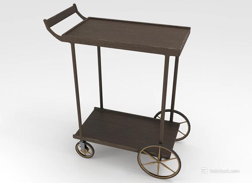 Vintage Wooden Trolley With Two Tier Shelf Metal Frame And Brass Wheels 3d model 
